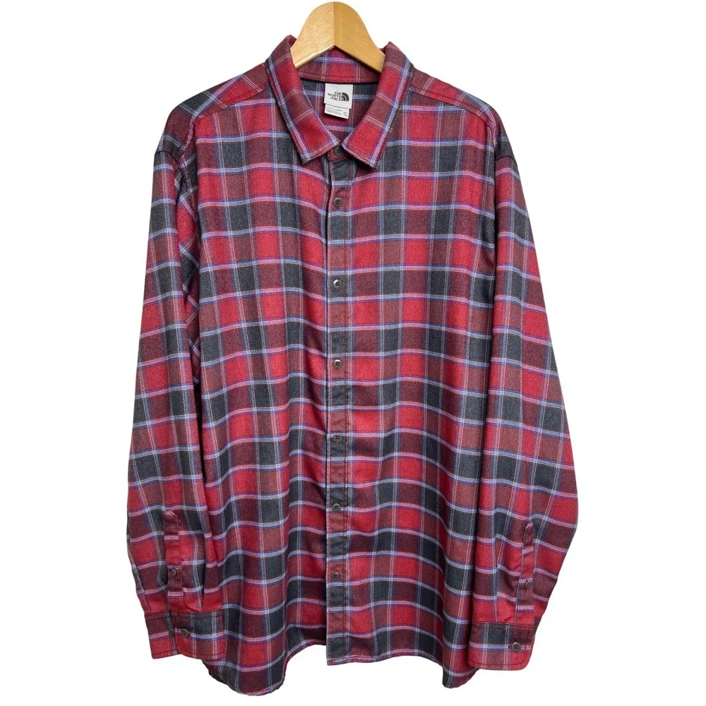 The North Face Plaid Flannel Shirt Mens XXL Red Grey Long‎ Sleeve Button Up C19